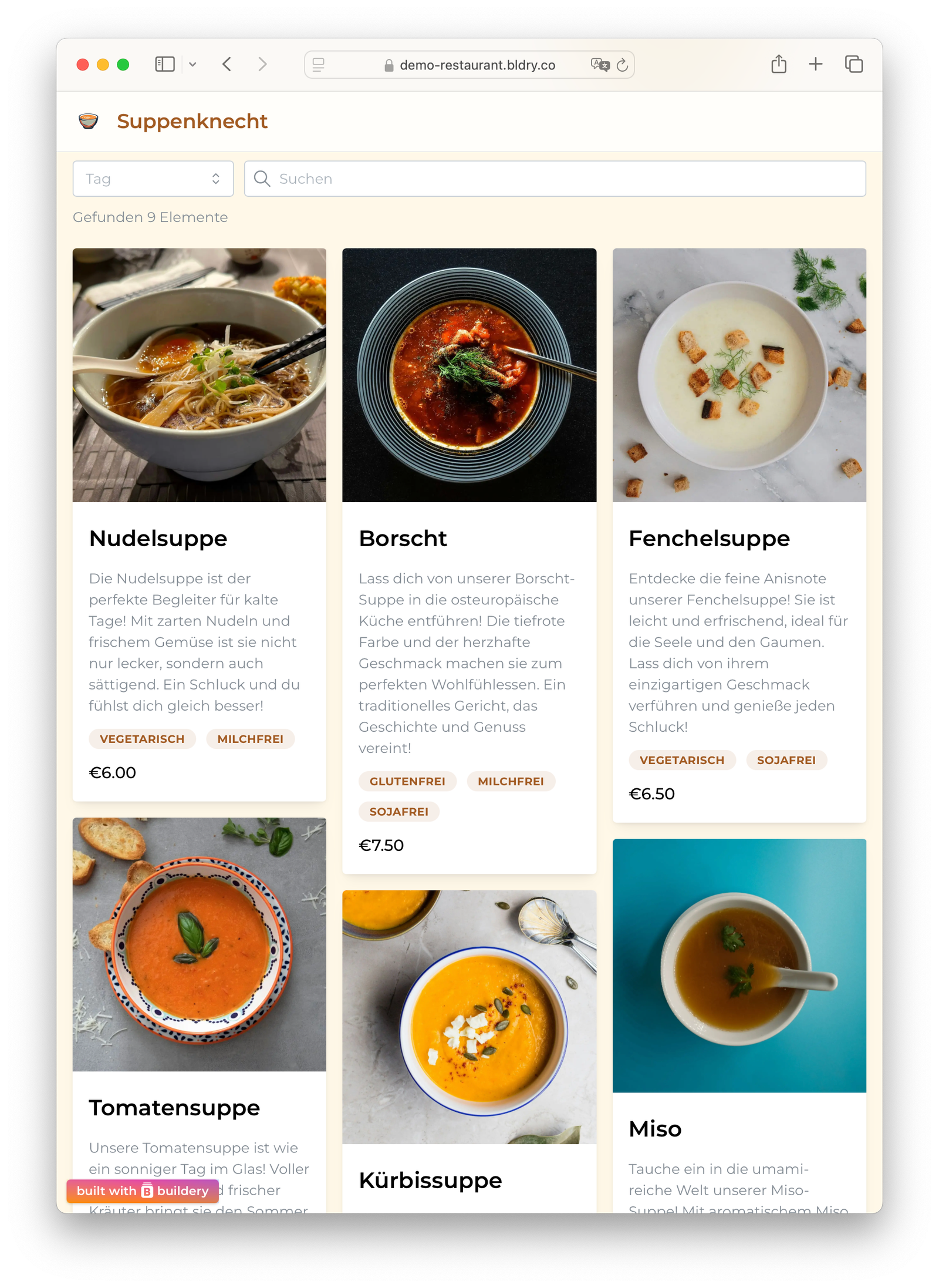 A digital menu for a restaurant